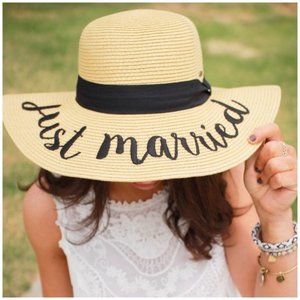 'Just Married' Straw Black Embroidered Hat